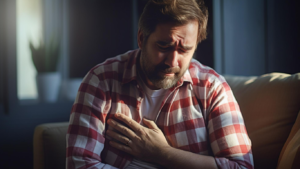 Homem com a mão sobre o peito, preocupado com a relação entre a disfunção erétil e problemas no coração